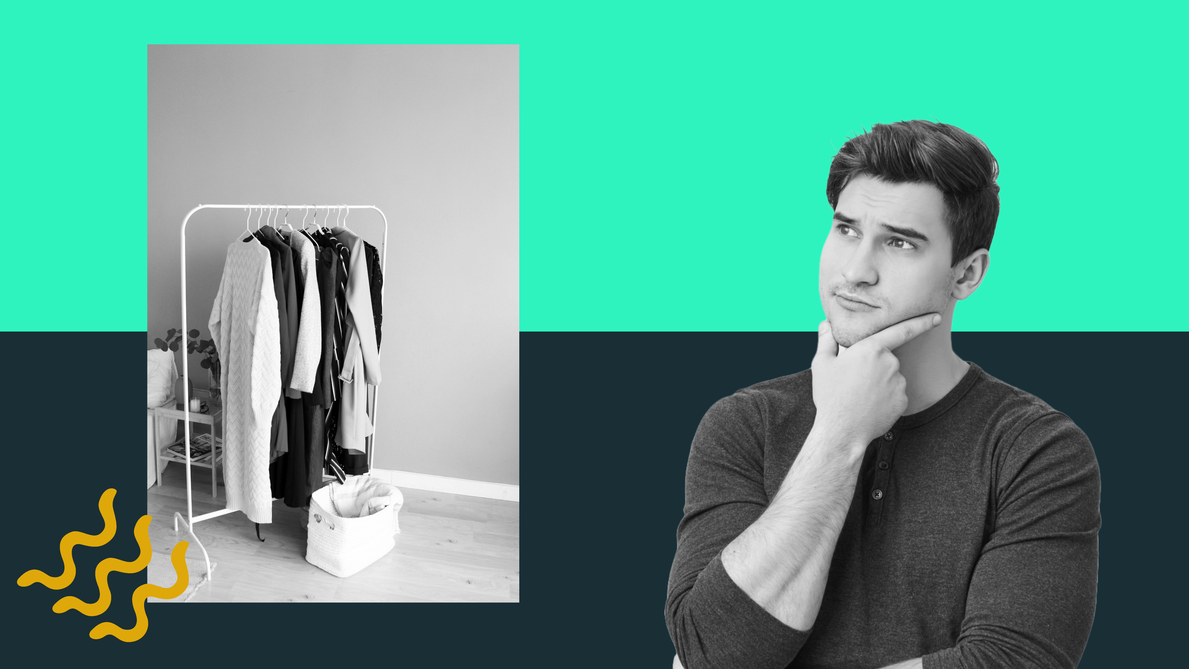 A man contemplates his clothes while deciding what to sell on Vinted